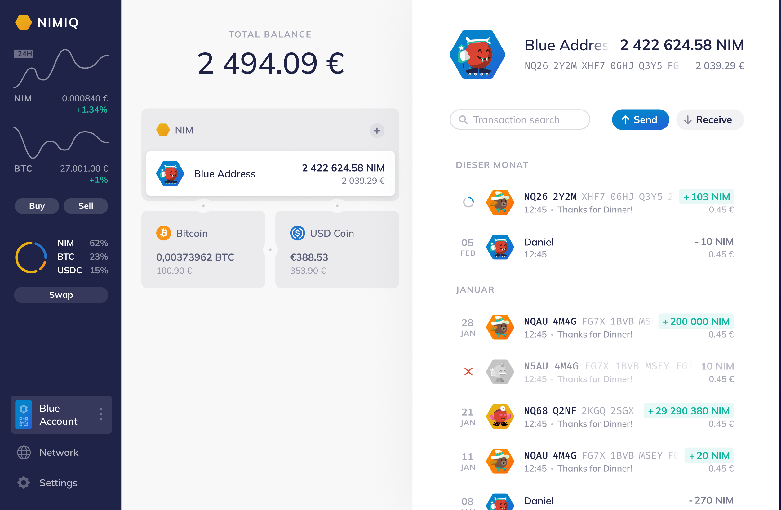 Screenshot of Nimiq wallet